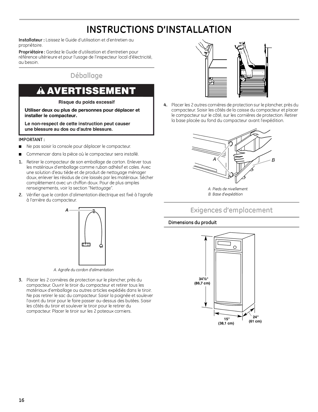 GE Monogram GCG1700P, ZCGP150P manual Instructions D’INSTALLATION, Déballage, Exigences d’emplacement, Dimensions du produit 