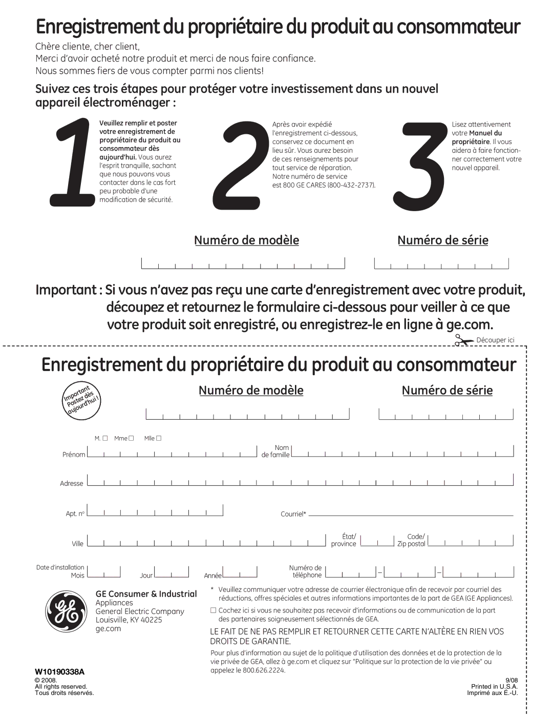 GE Monogram ZCGS150P, ZCGP150P, GCG1700P, GCG1580P, GCG1500P manual Enregistrement du propriétaire du produit au consommateur 