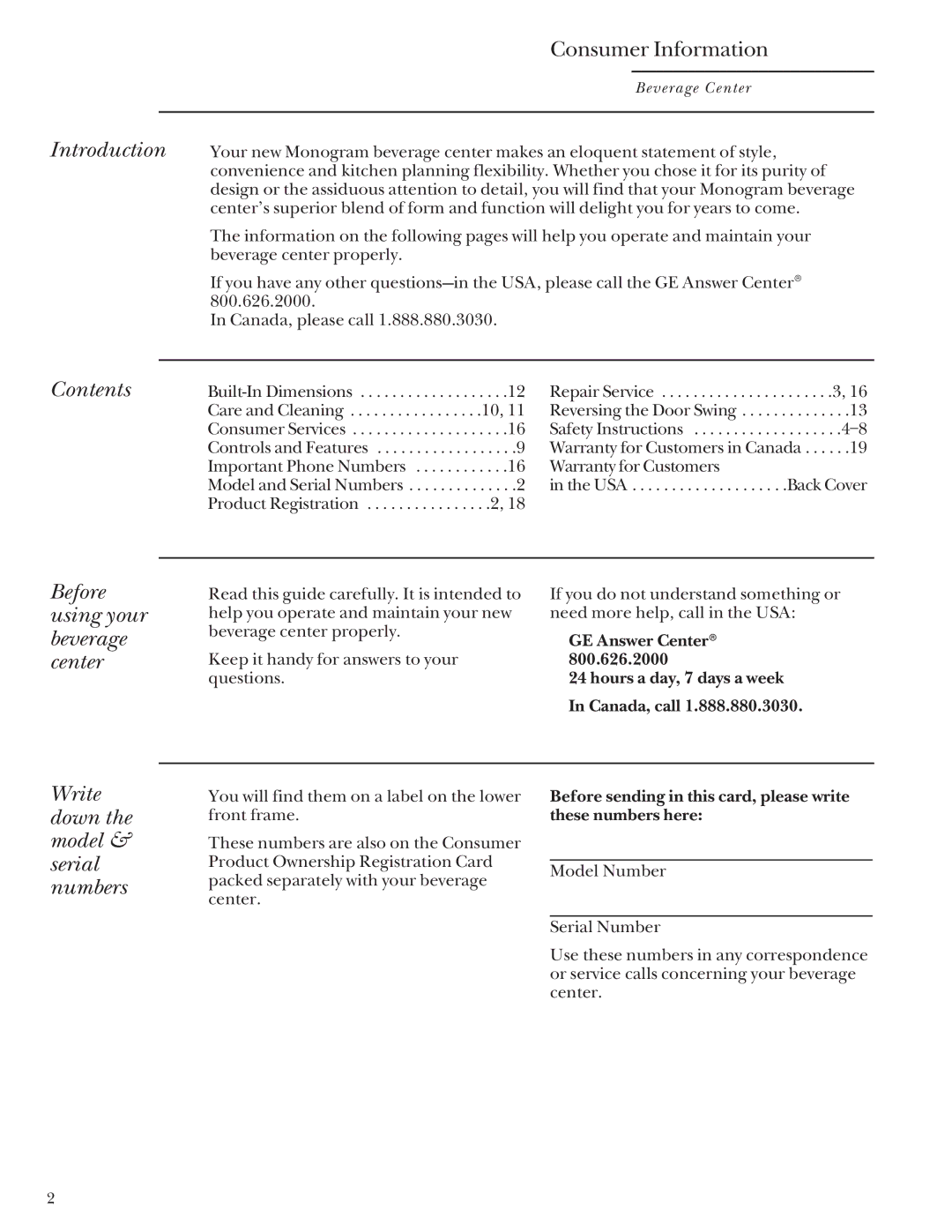 GE Monogram ZDB24 manual Introduction, Contents, Before using your beverage center, Write down the model & serial numbers 