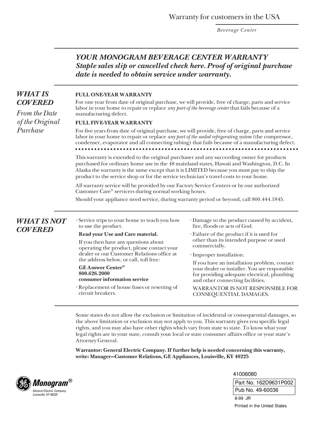 GE Monogram ZDB24 manual Warranty for customers in the USA 