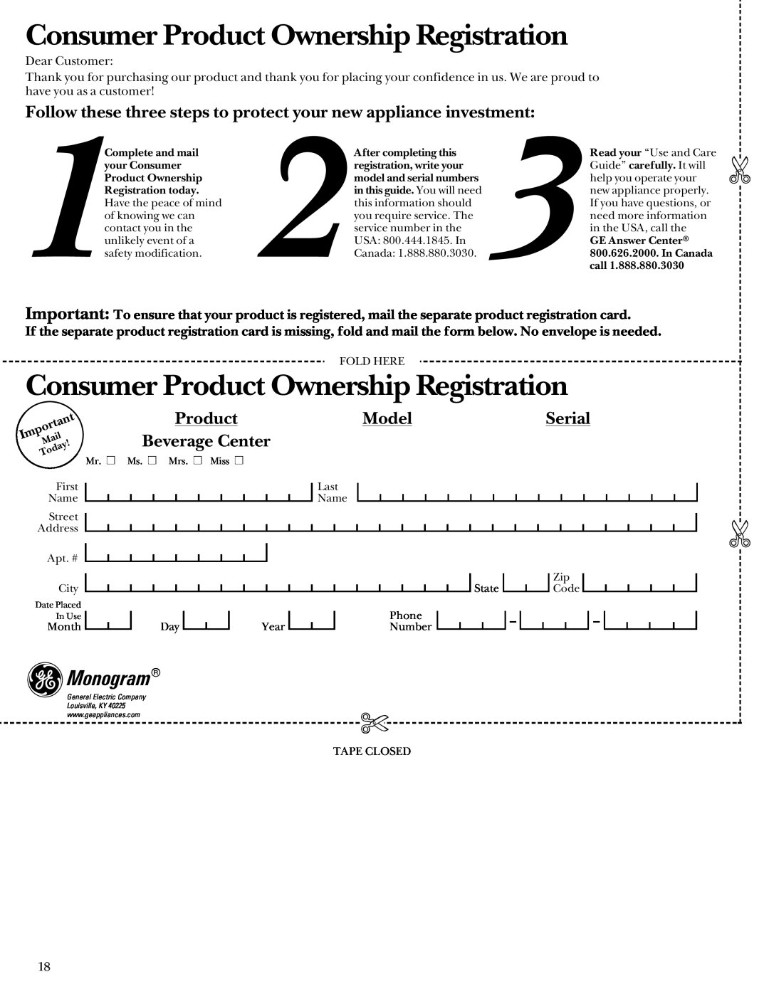GE Monogram ZDB24 manual Consumer Product Ownership Registration, Monogram, Model, Serial, Beverage Center 