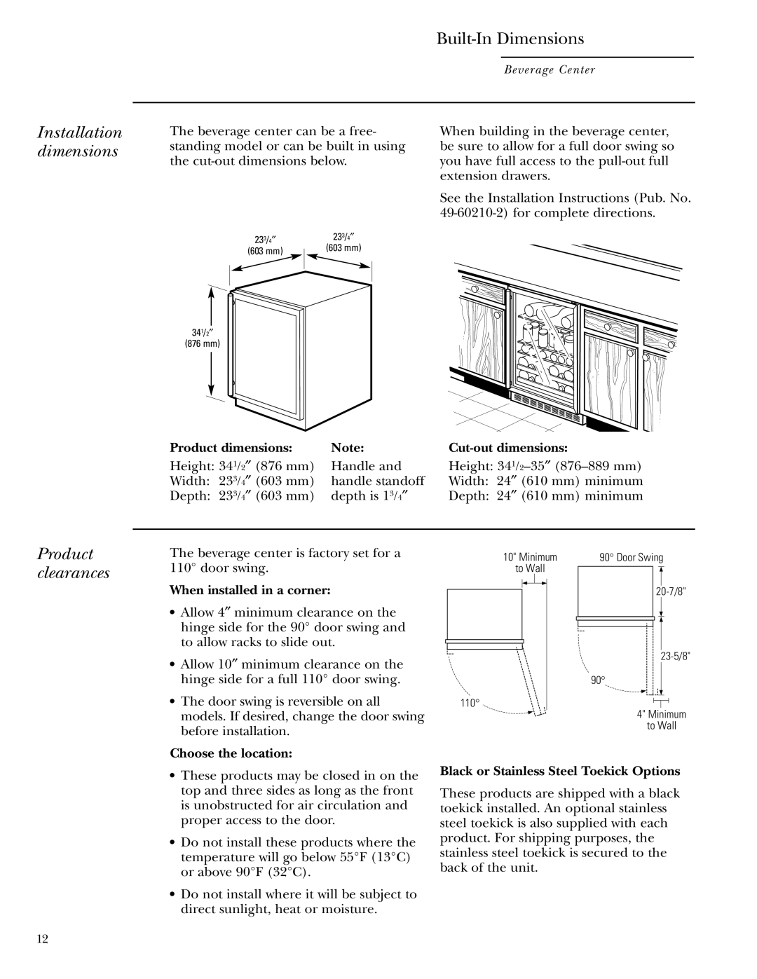 GE Monogram ZDBC240 owner manual Installation dimensions, Product clearances 