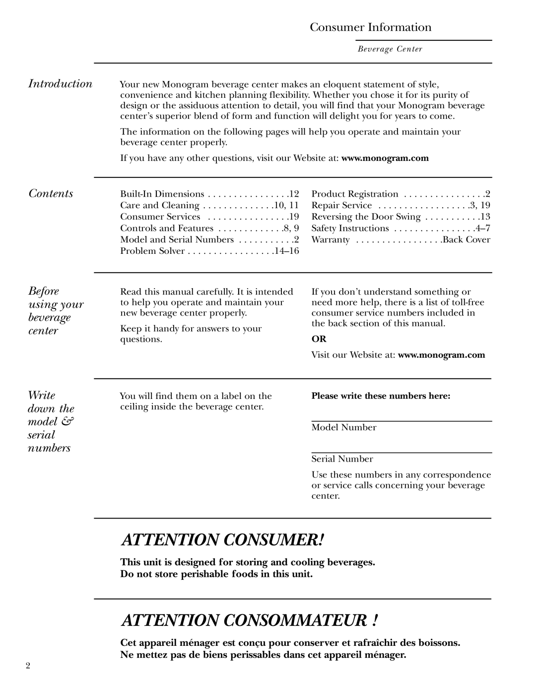 GE Monogram ZDBC240 Introduction, Contents, Before using your beverage center, Write down the model & serial numbers 