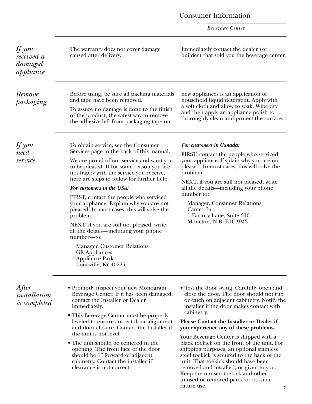 GE Monogram ZDBC240 owner manual If you received a damaged appliance Remove packaging, If you need service 