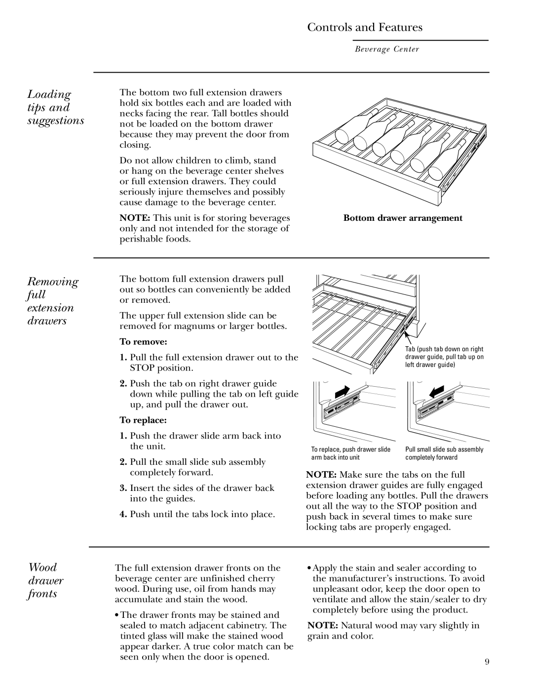 GE Monogram ZDBC240 owner manual Loading tips and suggestions, Removing full extension drawers, Wood drawer fronts 