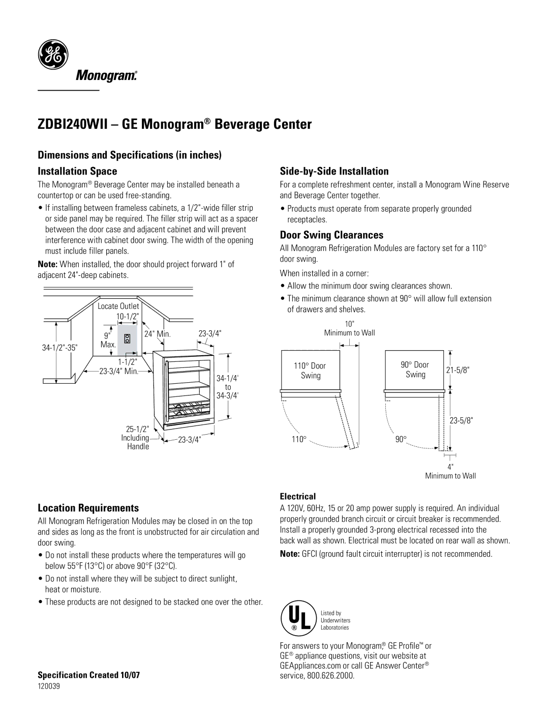 GE Monogram dimensions ZDBI240WII GE Monogram Beverage Center, Location Requirements, Side-by-Side Installation 