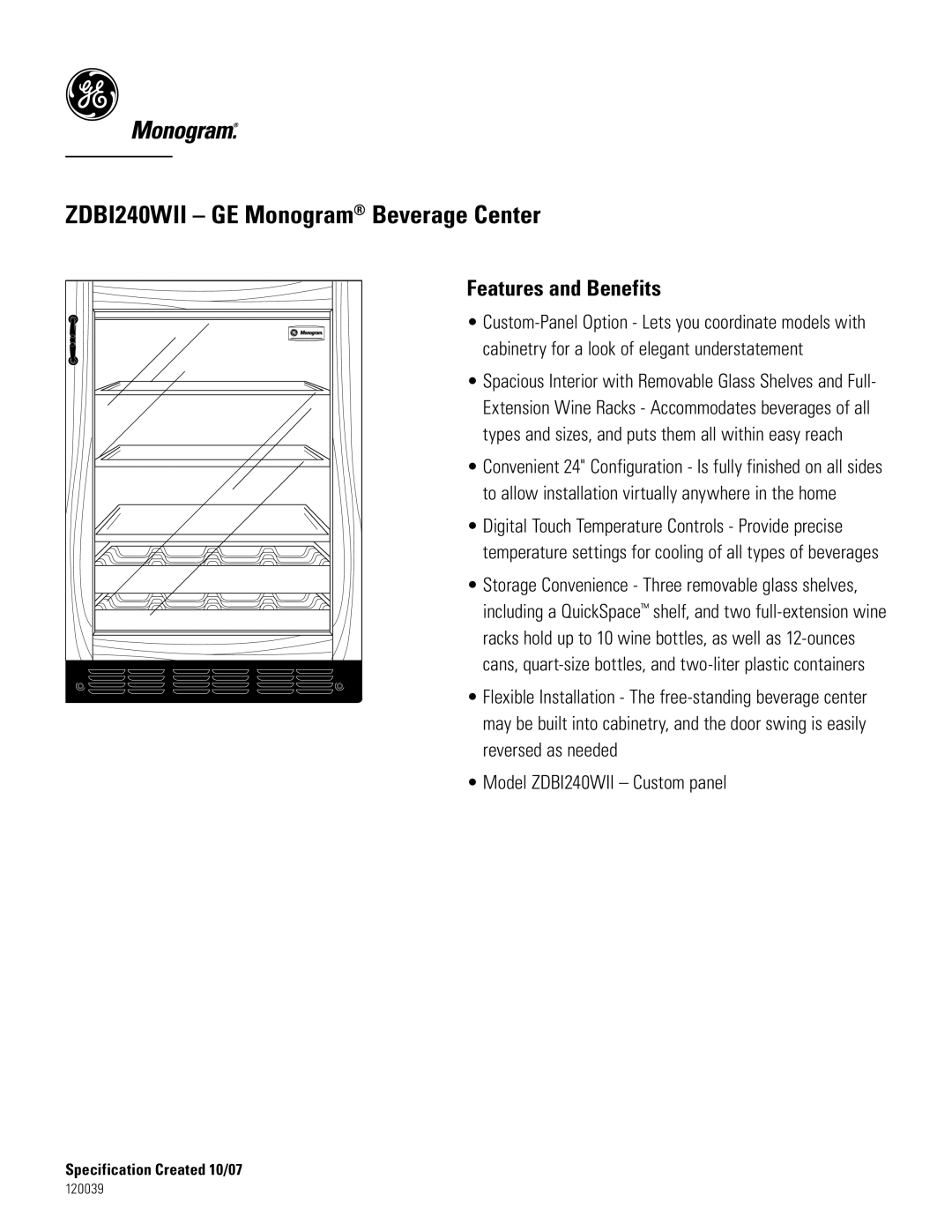 GE Monogram ZDBI240WII dimensions Features and Benefits 