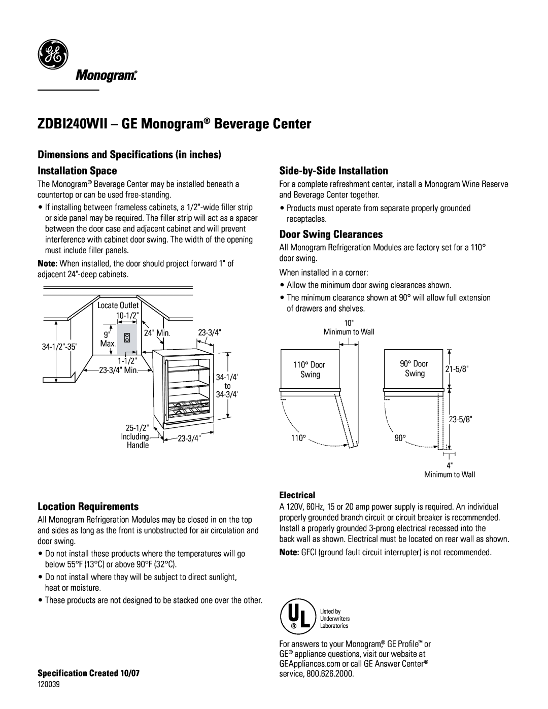 GE Monogram dimensions ZDBI240WII - GE Monogram Beverage Center, Electrical, Specification Created 10/07 