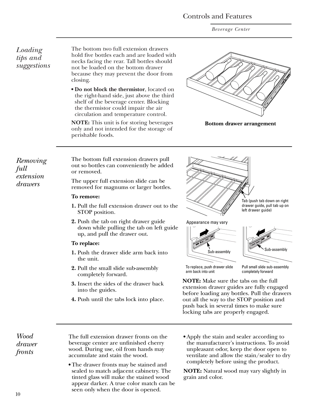 GE Monogram ZDBR240 owner manual Loading tips and suggestions, Removing full extension drawers, Wood drawer fronts 