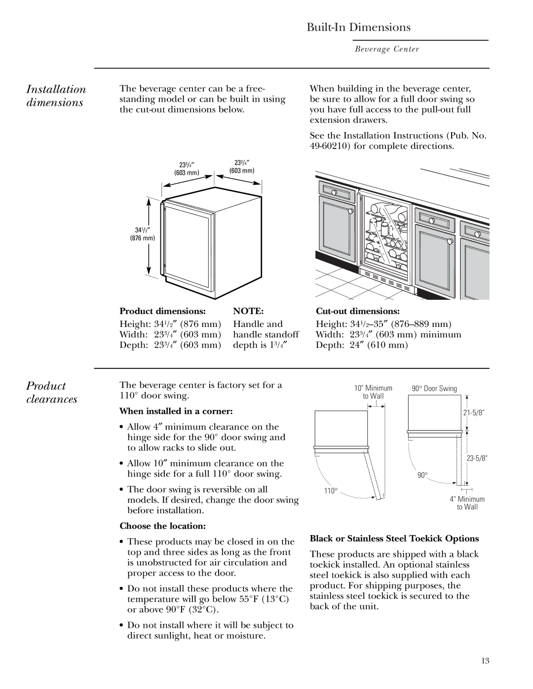 GE Monogram ZDBR240 owner manual Installation dimensions, Product clearances 