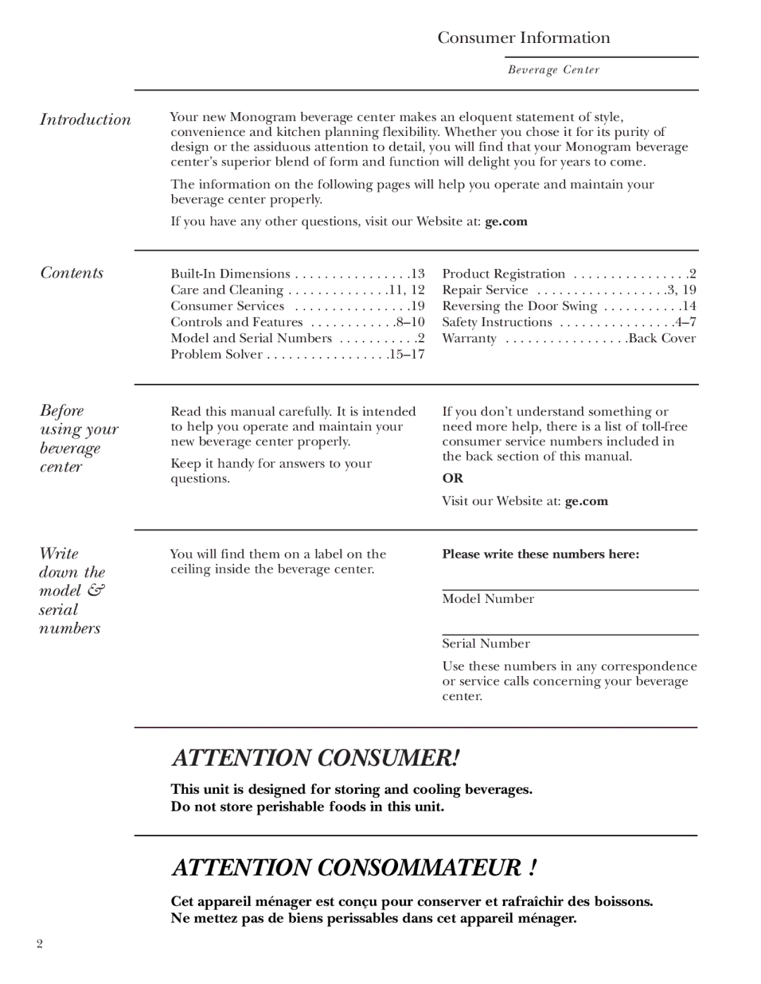 GE Monogram ZDBR240 Introduction, Contents, Before using your beverage center, Write down the model & serial numbers 