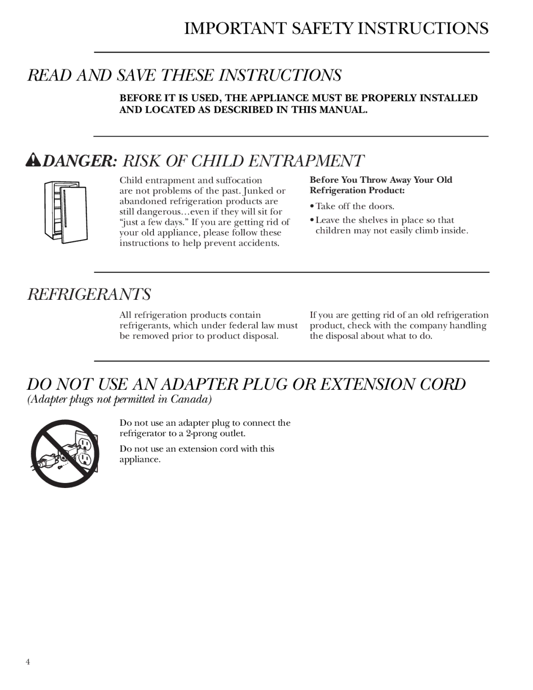 GE Monogram ZDBR240 Read and Save These Instructions, Refrigerants, Do not USE AN Adapter Plug or Extension Cord 