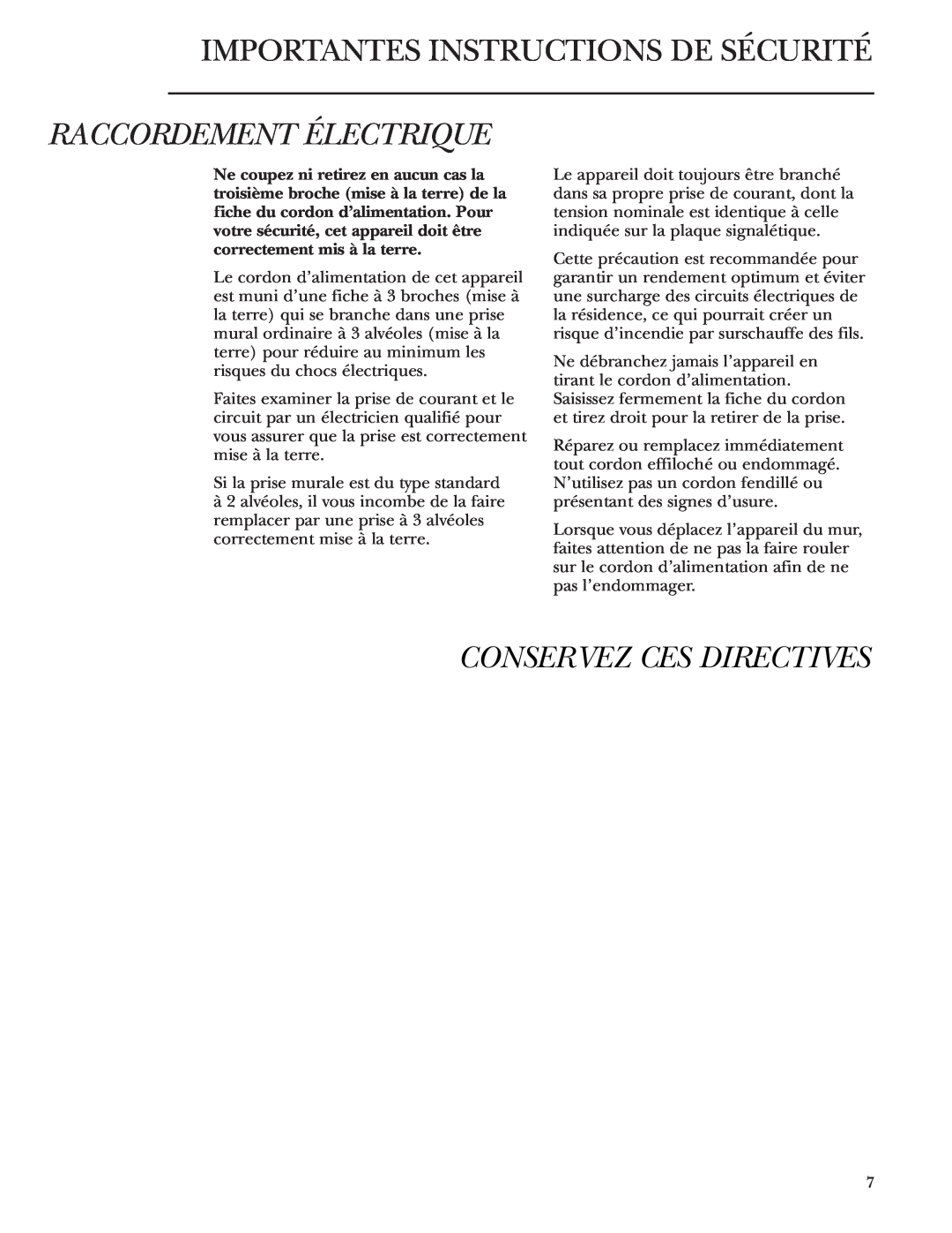GE Monogram ZDBR240 owner manual Raccordement Électrique, Conservez Ces Directives, Importantes Instructions De Sécurité 