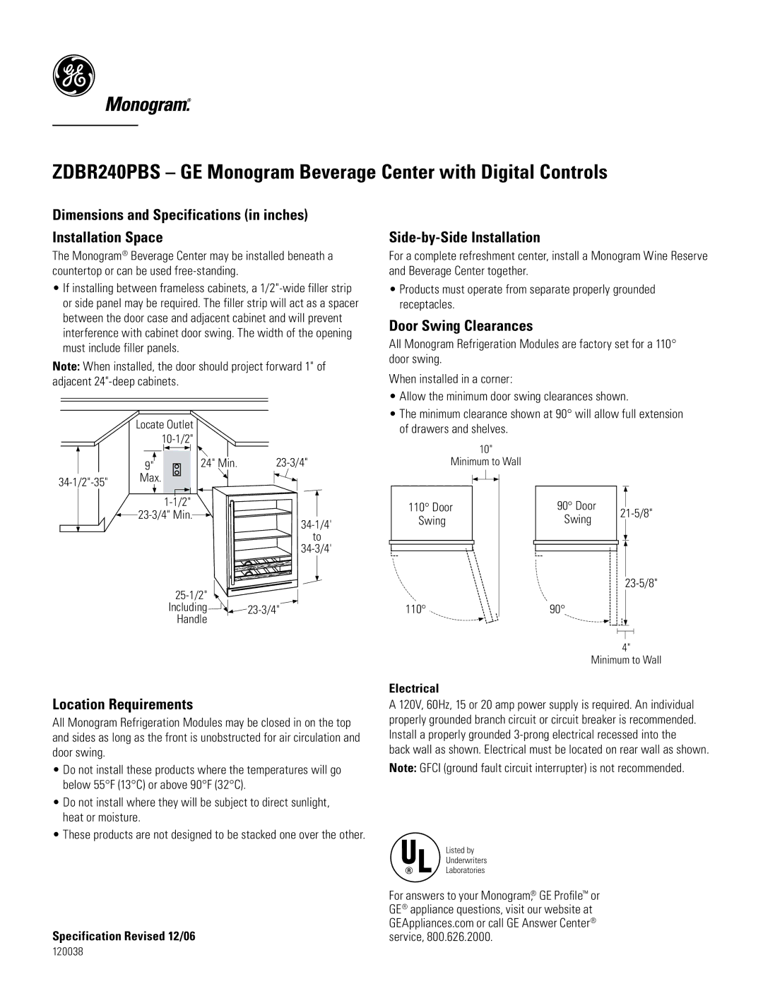 GE Monogram ZDBR240PBS dimensions Dimensions and Specifications in inches Installation Space, Location Requirements 