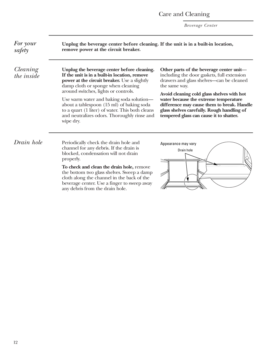 GE Monogram ZDBT210 owner manual For your safety, Cleaning the inside, Drain hole, Other parts of the beverage center unit 