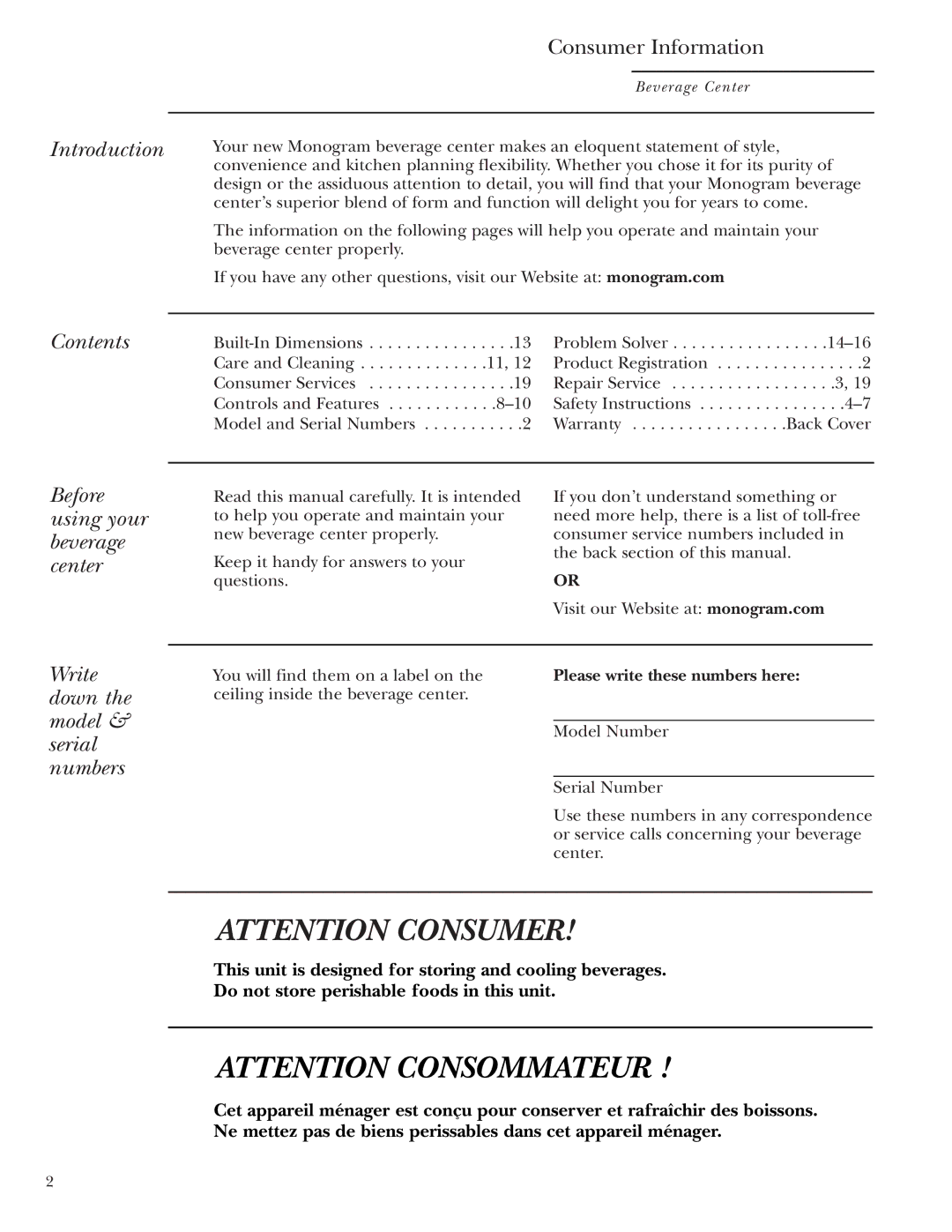 GE Monogram ZDBT210 Introduction, Contents, Before using your beverage center, Write down the model & serial numbers 