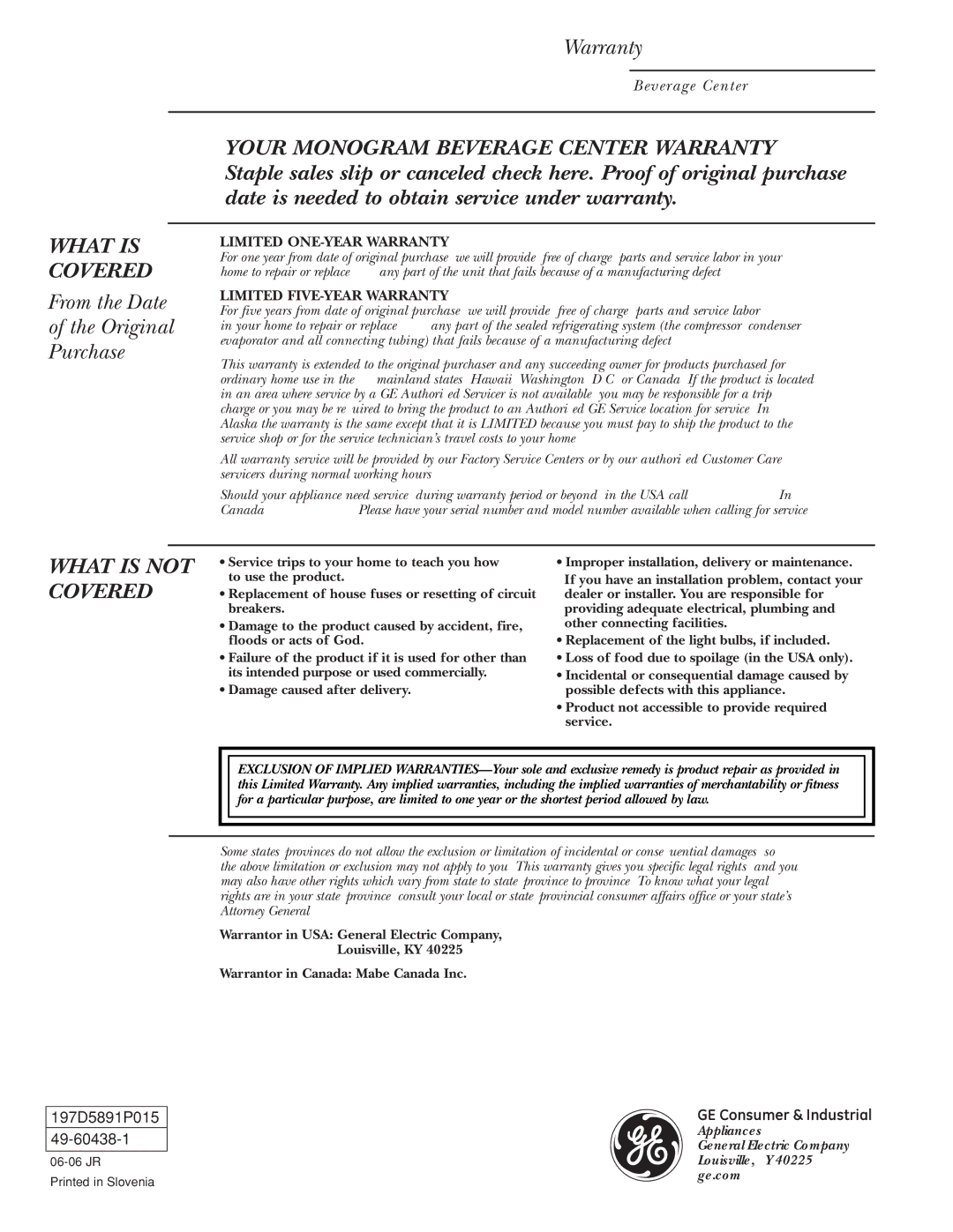 GE Monogram ZDBT210 owner manual From the Date Original Purchase, Your Monogram Beverage Center Warranty 