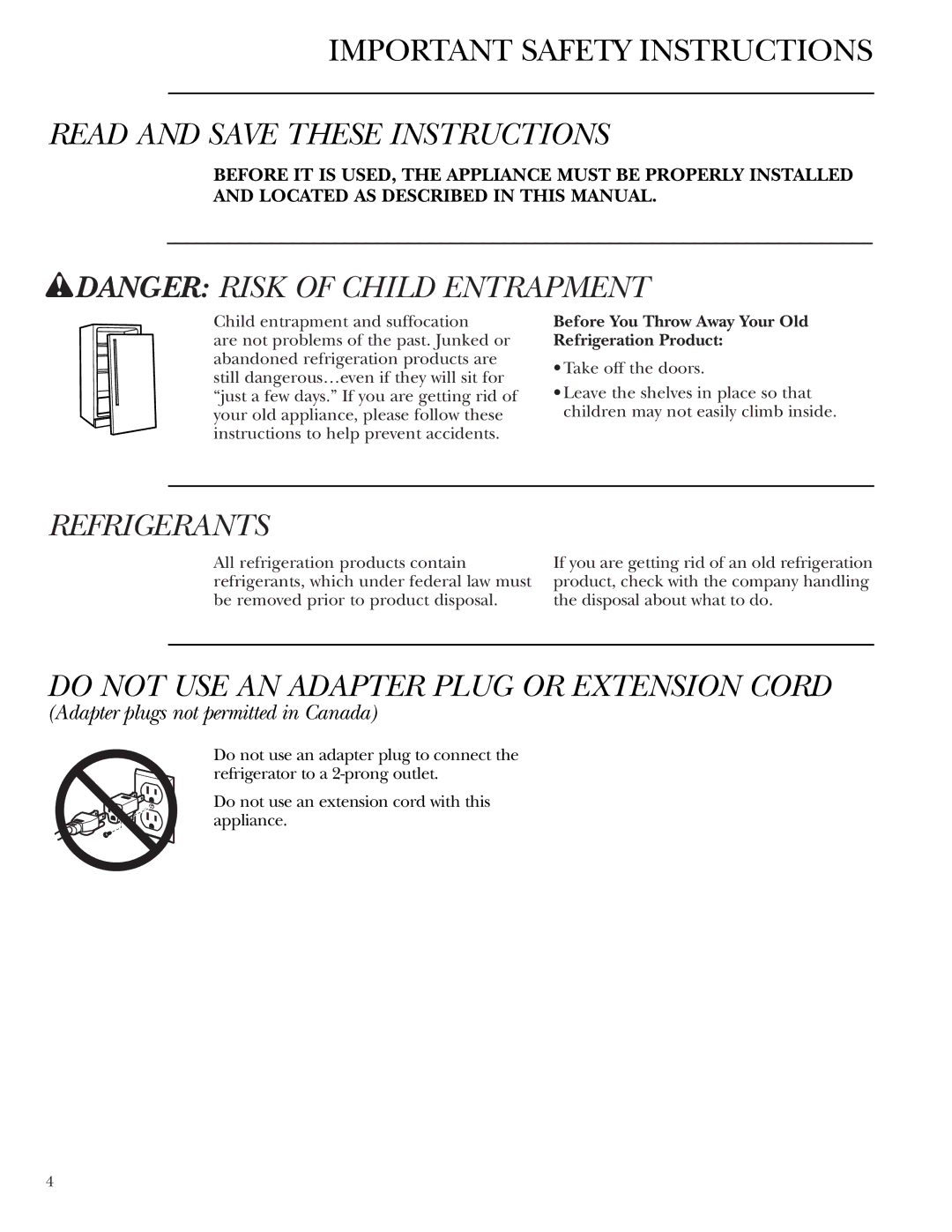 GE Monogram ZDBT210 Read and Save These Instructions, Refrigerants, Do not USE AN Adapter Plug or Extension Cord 