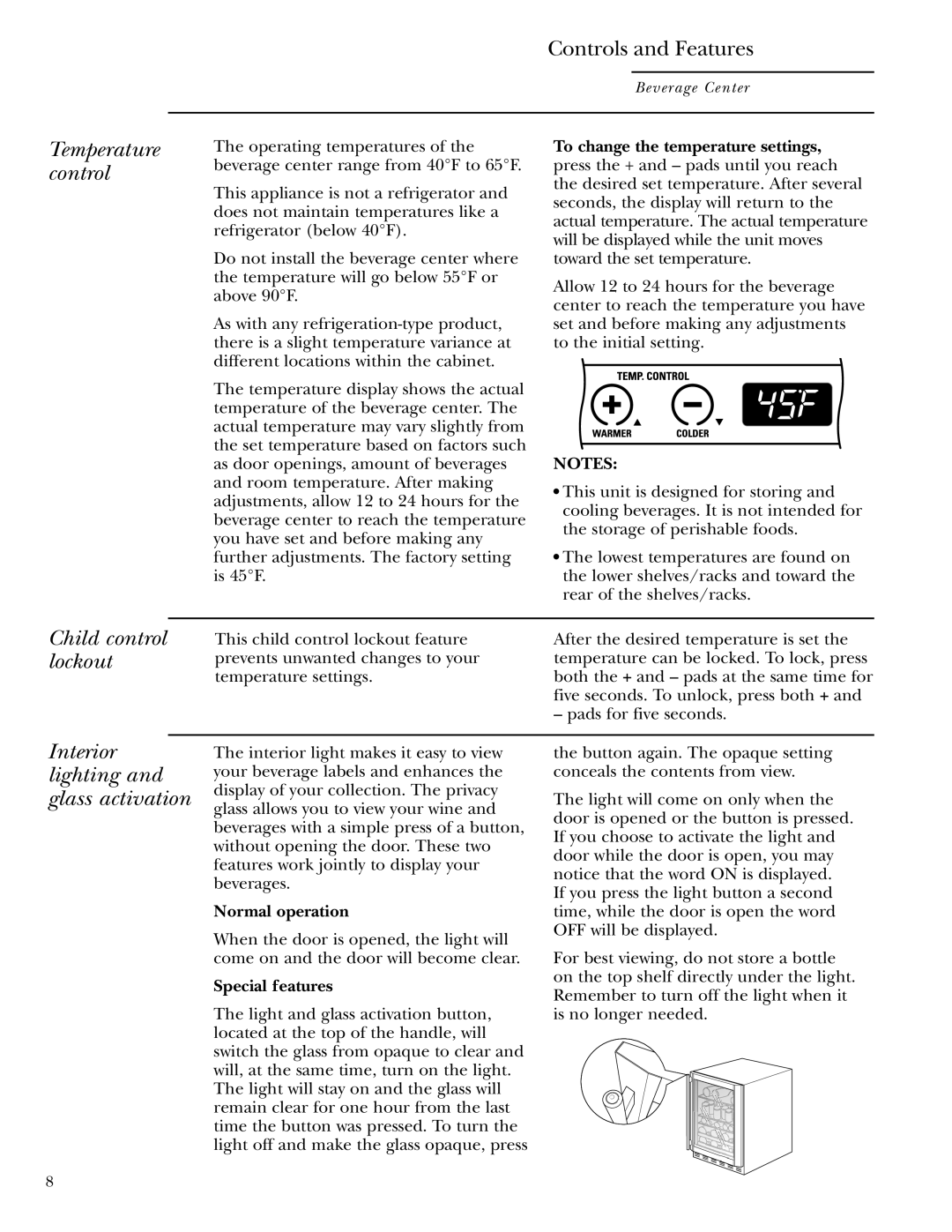 GE Monogram ZDBT210 owner manual Temperature control, Child control lockout, Interior lighting and glass activation 