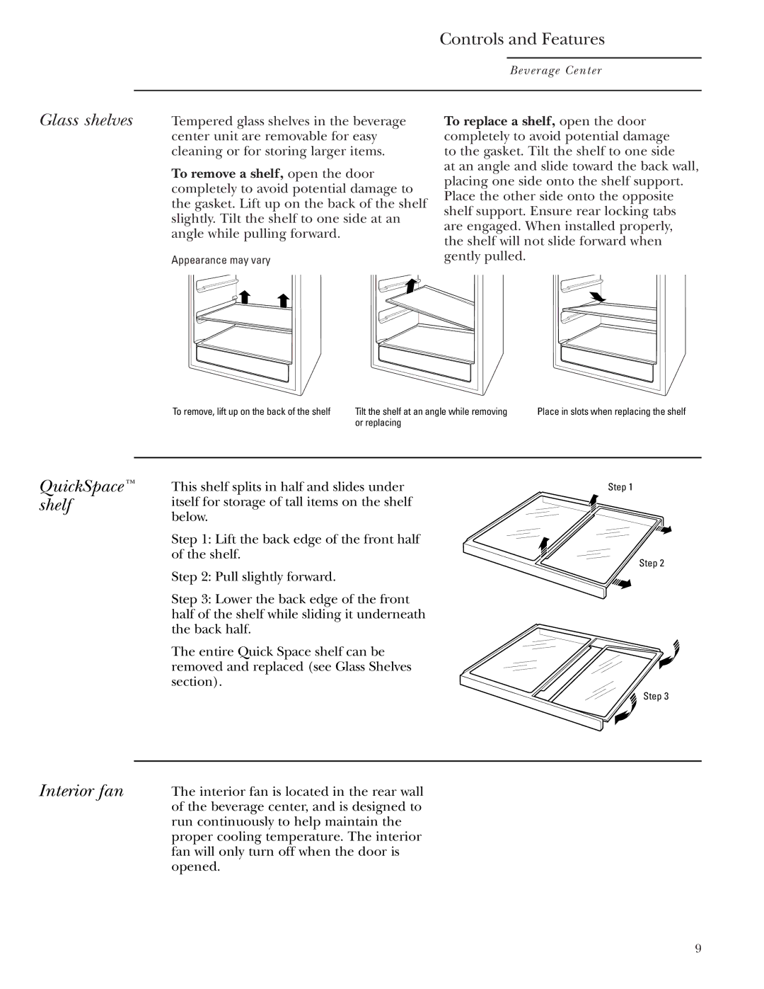 GE Monogram ZDBT210 owner manual Glass shelves, QuickSpace shelf Interior fan 