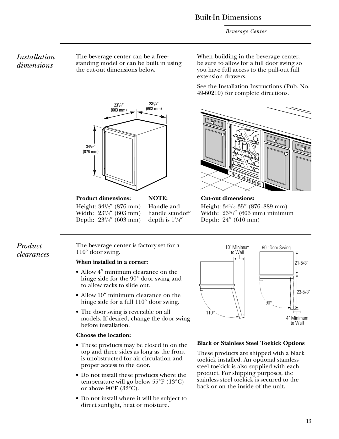 GE Monogram ZDBT210 owner manual Built-In Dimensions, Installation dimensions, Product clearances, Product dimensions 