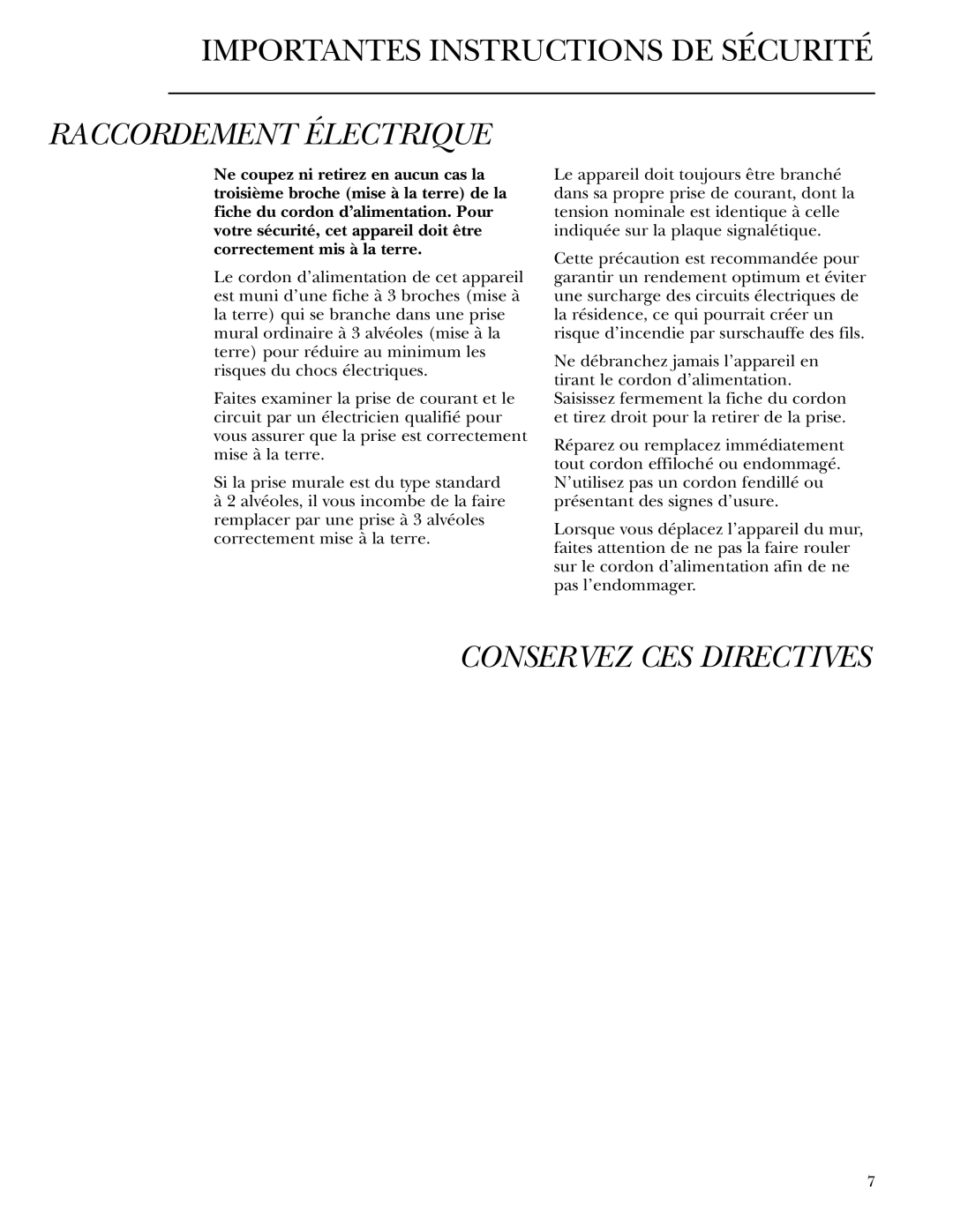 GE Monogram ZDBT210 owner manual Raccordement Électrique, Conservez Ces Directives, Importantes Instructions De Sécurité 