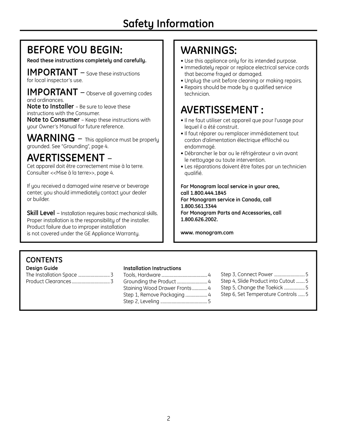 GE Monogram ZDBT240 installation instructions Safety Information, Contents 