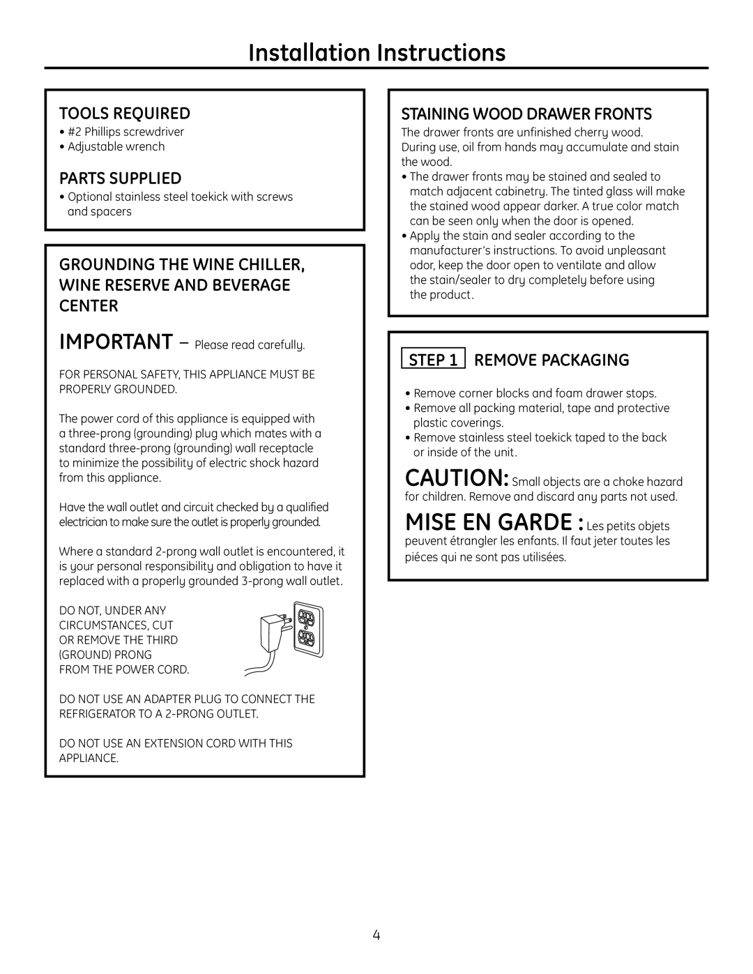 GE Monogram ZDBT240 Installation Instructions, Tools Required, Parts Supplied, Staining Wood Drawer Fronts 