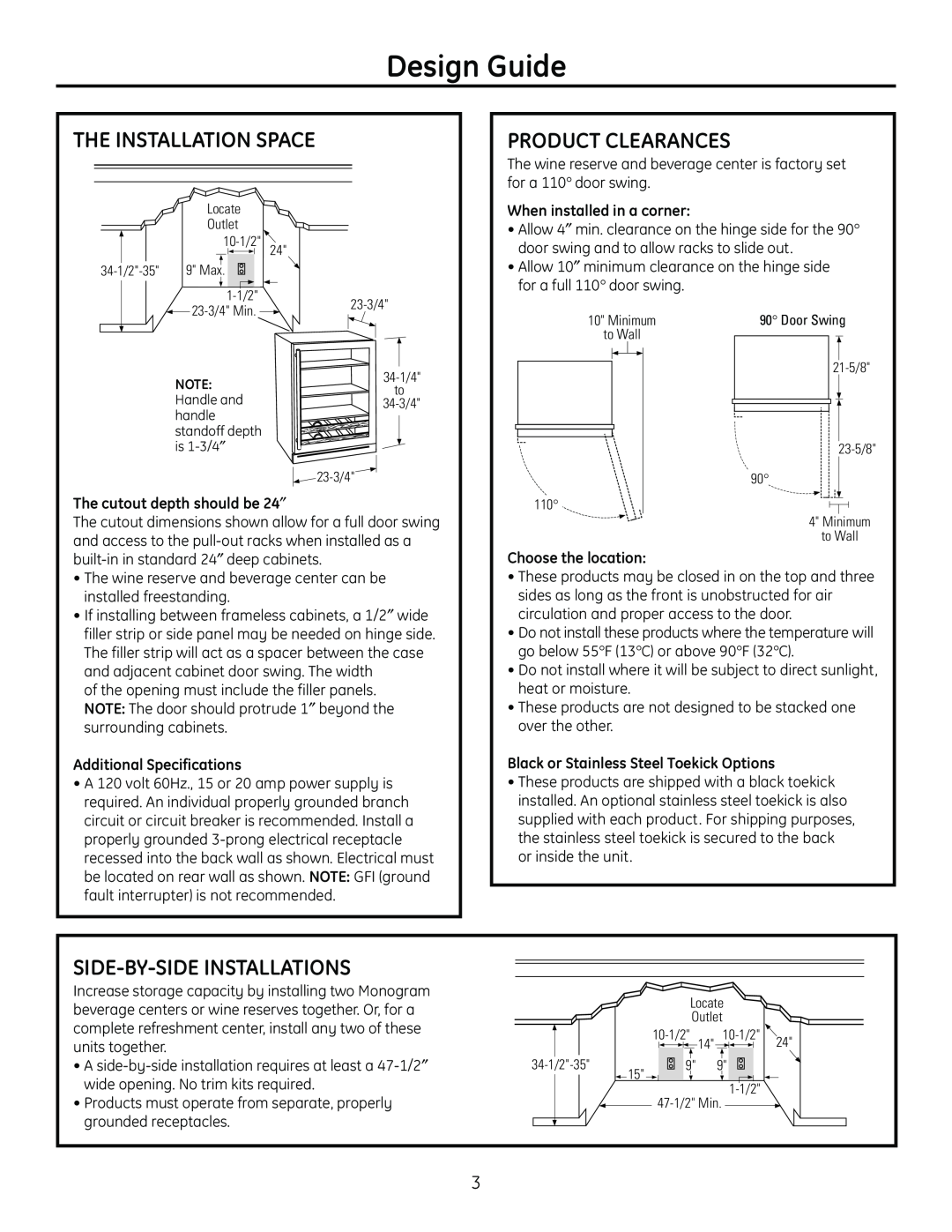 GE Monogram ZDBT240 Design Guide, The Installation Space, Product Clearances, Side-By-Sideinstallations 