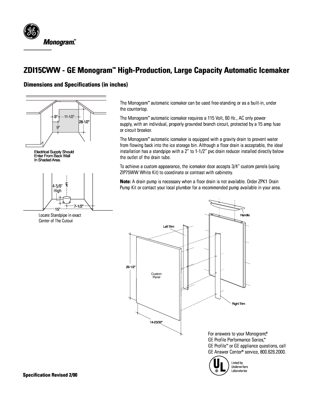 GE Monogram ZDI15CWW Monogram, Dimensions and Specifications in inches, Specification Revised 2/00, 4-5/8 High, 7-1/2 