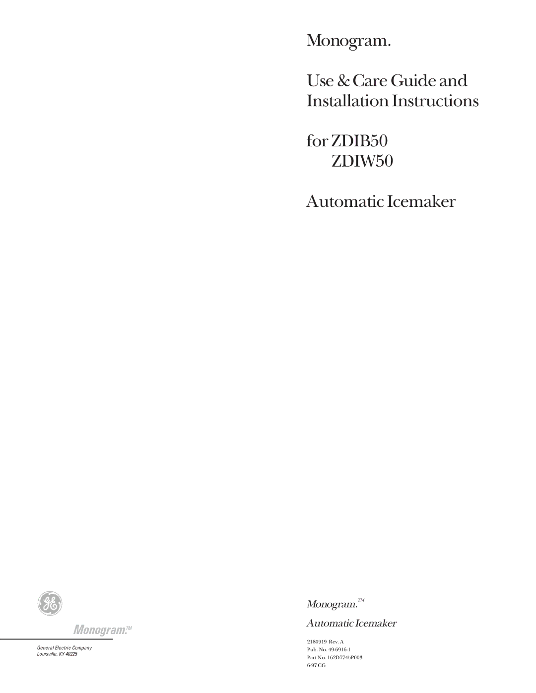 GE Monogram ZDIB50 installation instructions Monogram.TM 