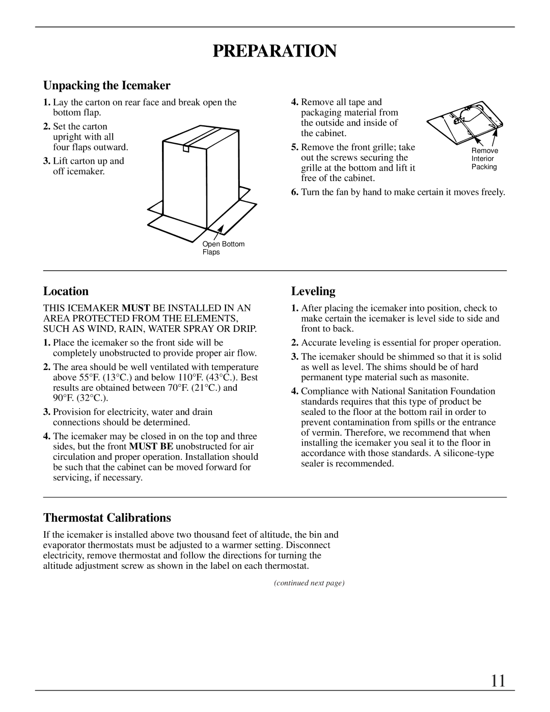 GE Monogram ZDIB50 Preparation, Unpacking the Icemaker, Location, Leveling, Thermostat Calibrations 