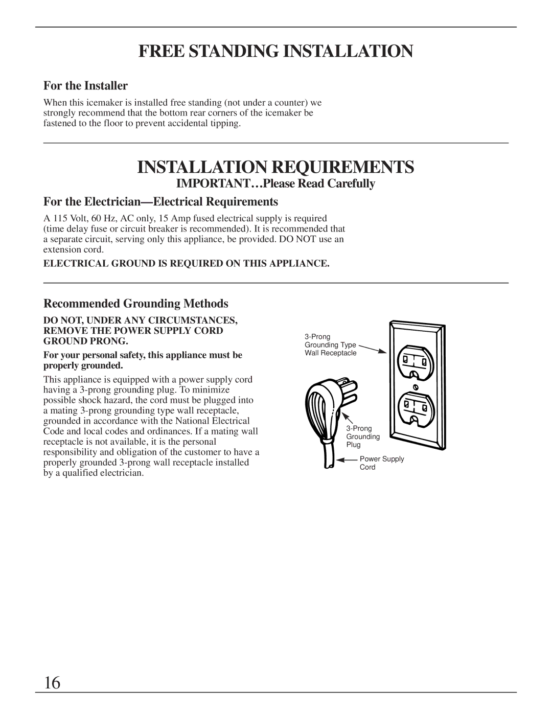 GE Monogram ZDIB50 Free Standing Installation, Installation Requirements, For the Installer, Recommended Grounding Methods 