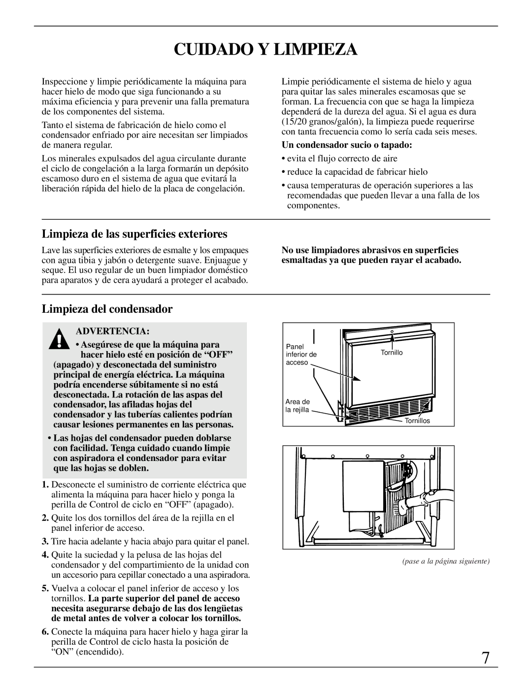 GE Monogram ZDIB50 Cuidado Y Limpieza, Limpieza de las superficies exteriores, Limpieza del condensador 