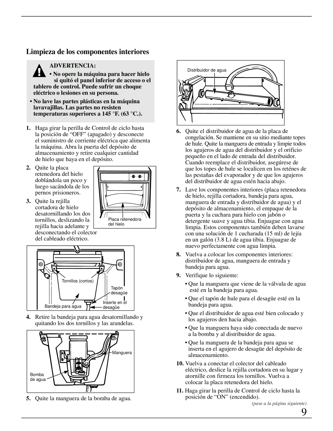 GE Monogram ZDIB50 installation instructions Limpieza de los componentes interiores 