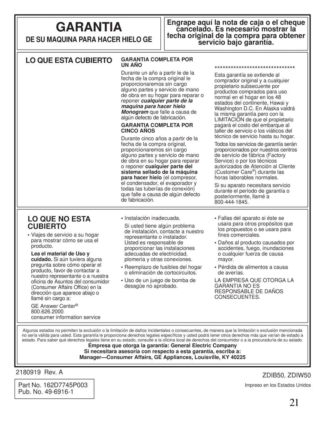 GE Monogram ZDIB50 installation instructions Garantia 