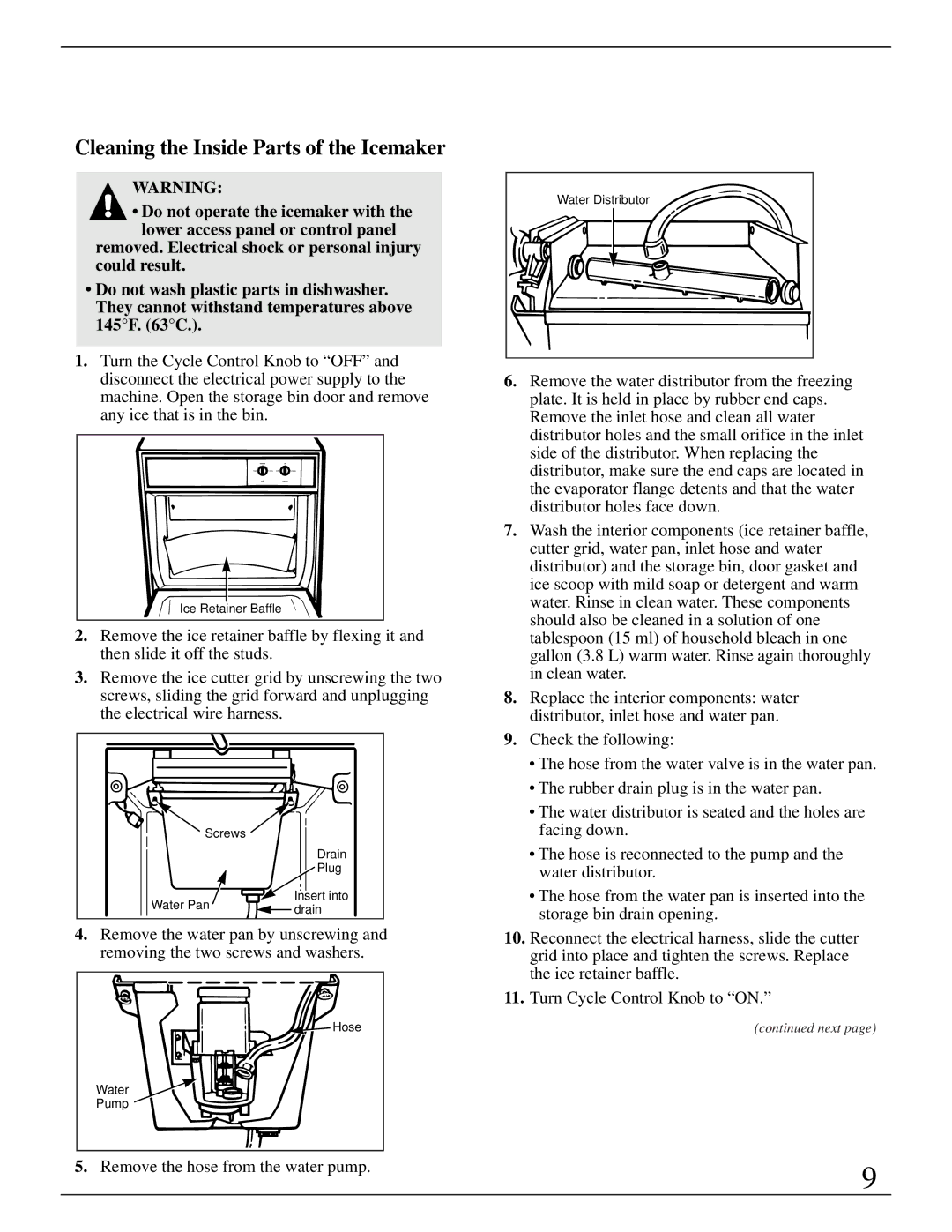 GE Monogram ZDIB50 installation instructions Cleaning the Inside Parts of the Icemaker, Remove the hose from the water pump 