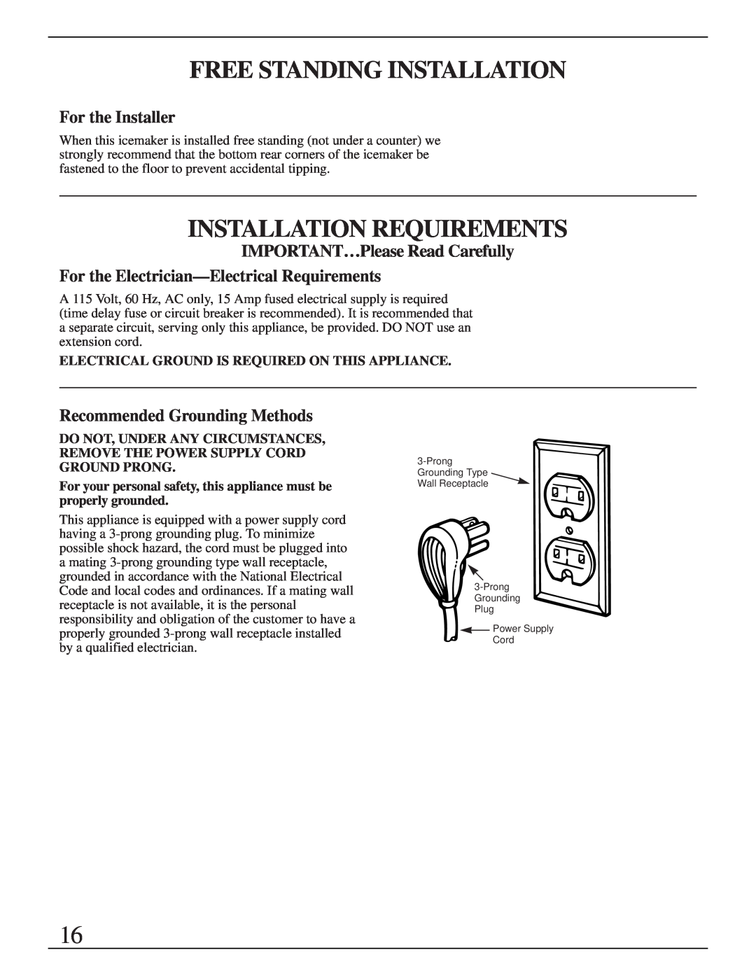 GE Monogram ZDIB50 Free Standing Installation, Installation Requirements, For the Installer, Recommended Grounding Methods 