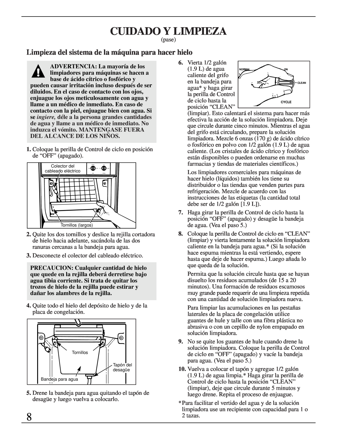 GE Monogram ZDIB50 installation instructions Limpieza del sistema de la máquina para hacer hielo, Cuidado Y Limpieza 