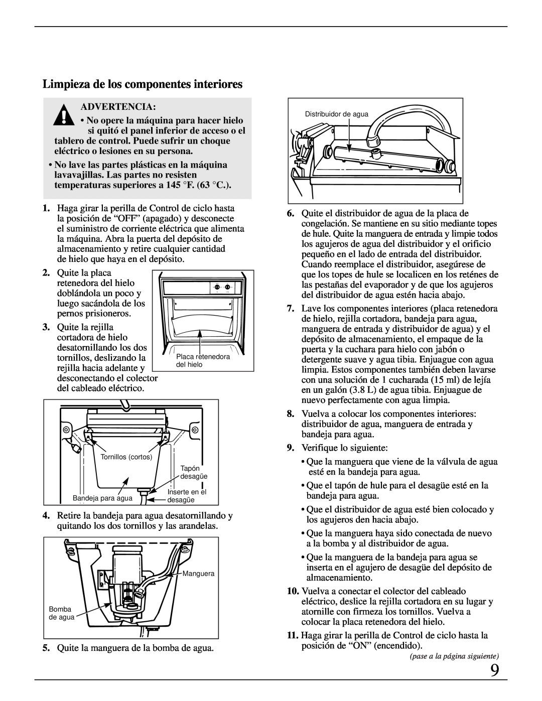 GE Monogram ZDIB50 Limpieza de los componentes interiores, Advertencia, Que la manguera que viene de la válvula de agua 