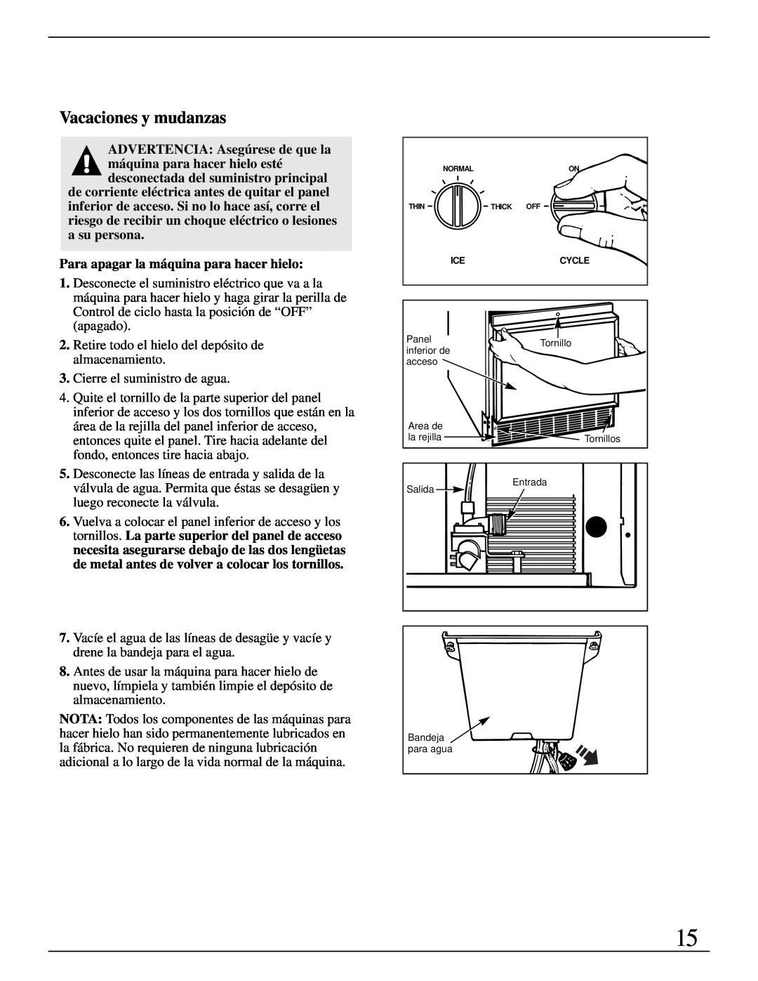 GE Monogram ZDIB50 installation instructions Vacaciones y mudanzas, Para apagar la máquina para hacer hielo 