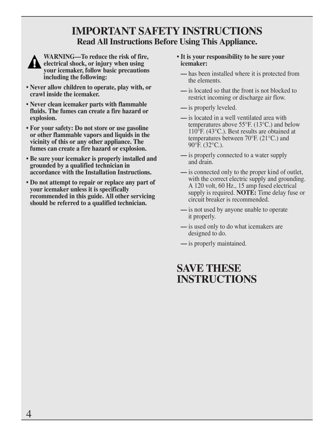GE Monogram ZDIB50 installation instructions Important Safety Instructions, Save These Instructions 