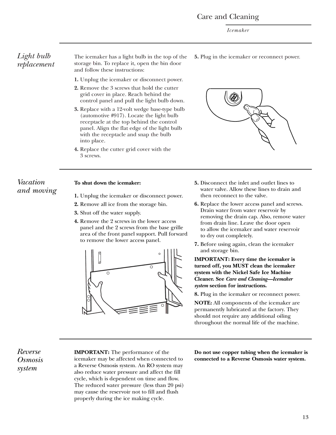 GE Monogram ZDI15, ZDIS15 owner manual Light bulb replacement, Vacation and moving, Reverse Osmosis system 