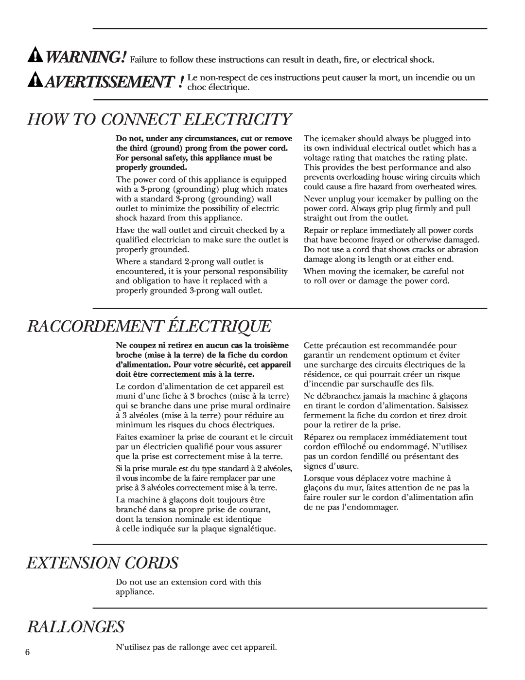 GE Monogram ZDIS15, ZDI15 owner manual How To Connect Electricity, Raccordement Électrique, Extension Cords, Rallonges 
