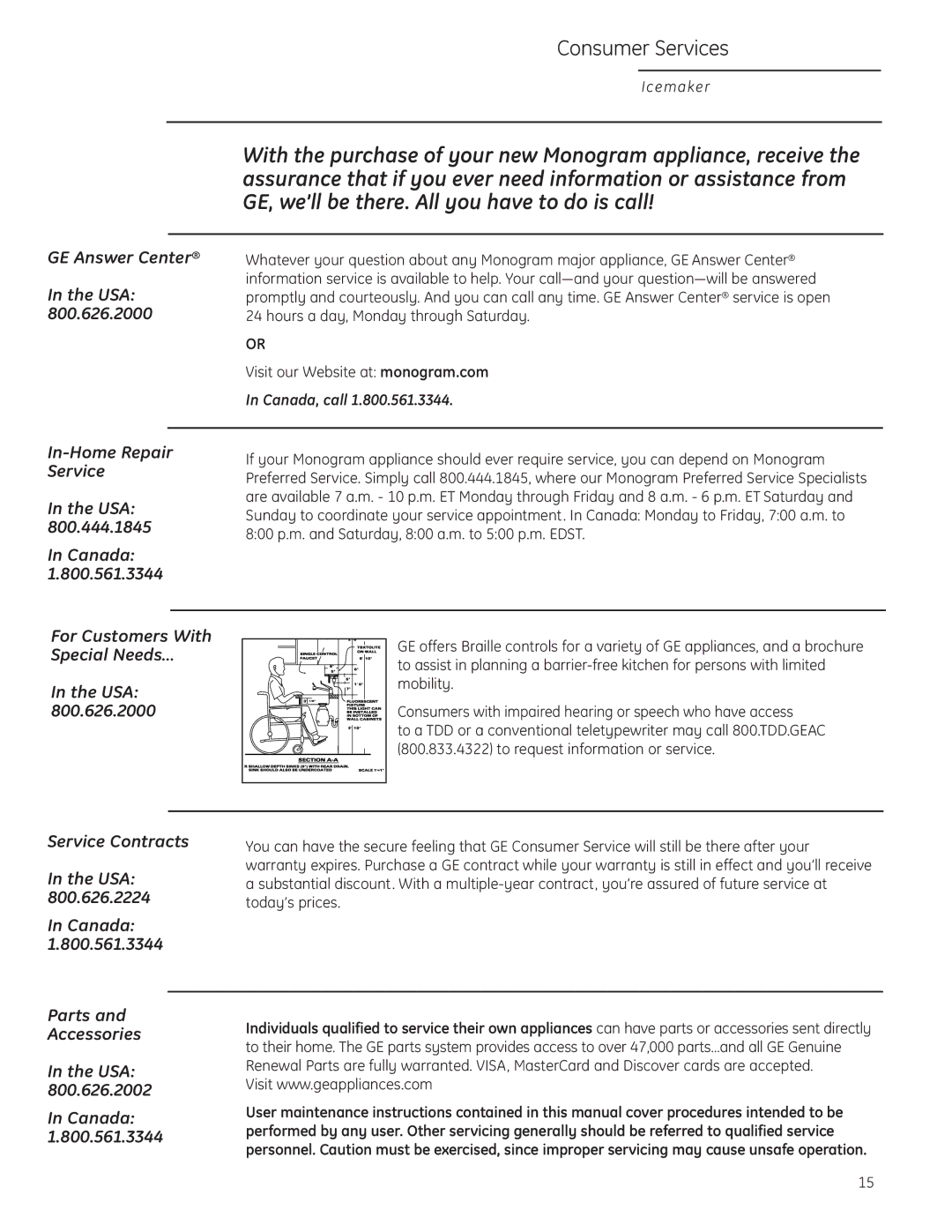GE Monogram ZDIC150, ZDIS150 owner manual Consumer Services 