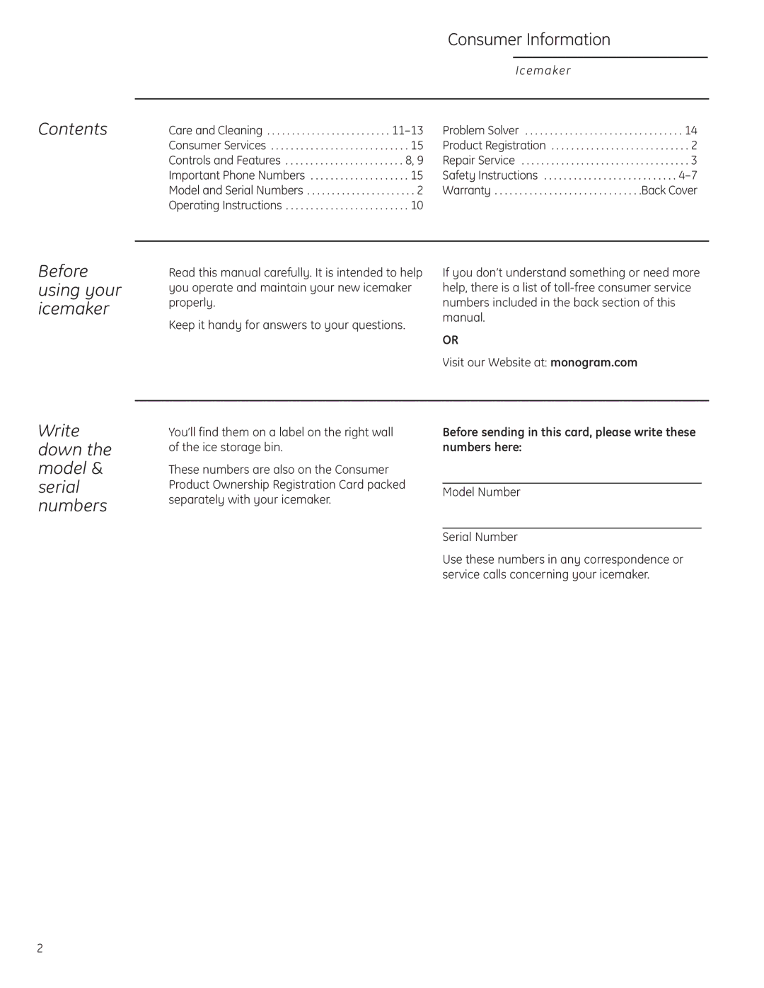 GE Monogram ZDIS150, ZDIC150 owner manual Contents, Before using your icemaker, Write down the model & serial numbers 