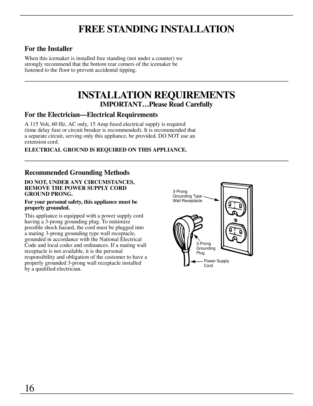 GE Monogram ZDIW50 Free Standing Installation, Installation Requirements, For the Installer, Recommended Grounding Methods 