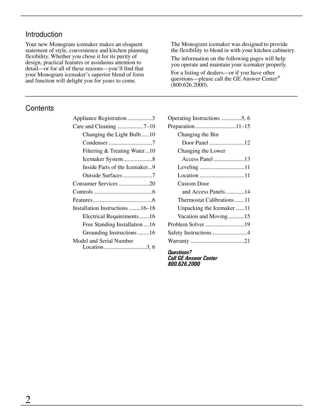 GE Monogram ZDIW50 installation instructions Introduction, Contents 