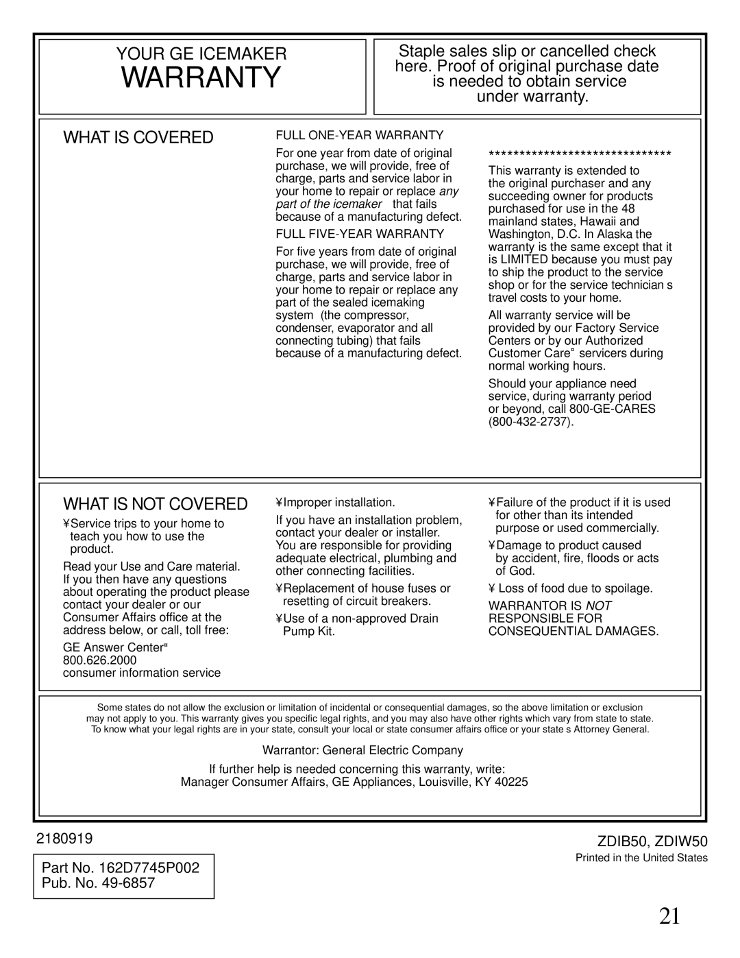 GE Monogram ZDIW50 installation instructions Warranty 