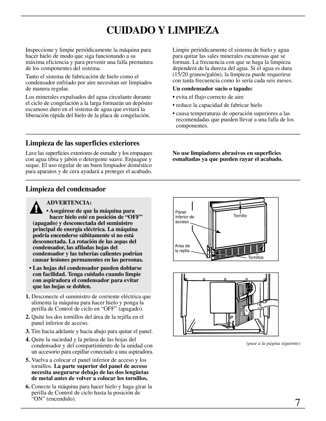 GE Monogram ZDIW50 Cuidado Y Limpieza, Limpieza de las superficies exteriores, Limpieza del condensador 